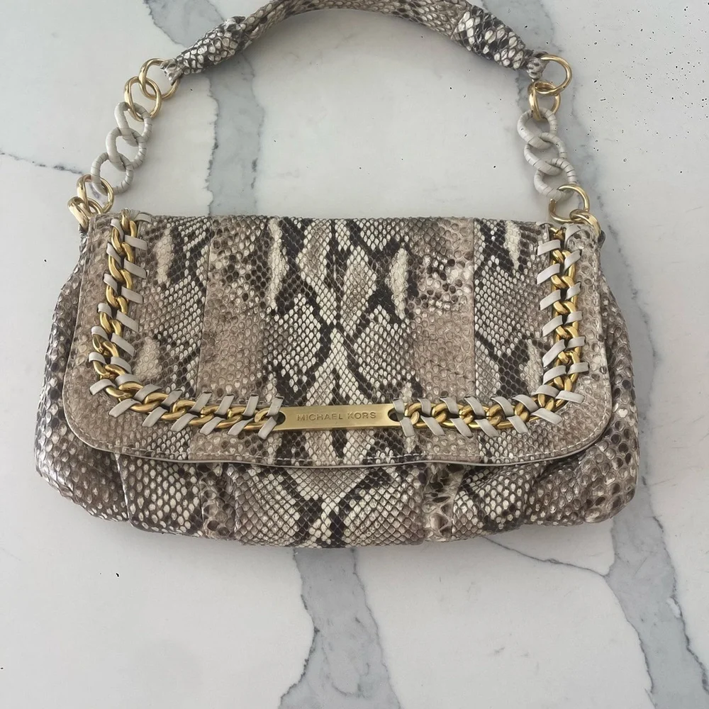 Michael Kors Collection Python Leather Shoulder Bag Gold Chain - Picture 3 of 12